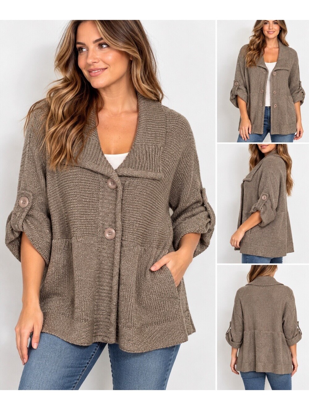 Carolyn Taylor Womens XL Brown Chunky Knit Cardigan Roll Tab Sleeves Buttons